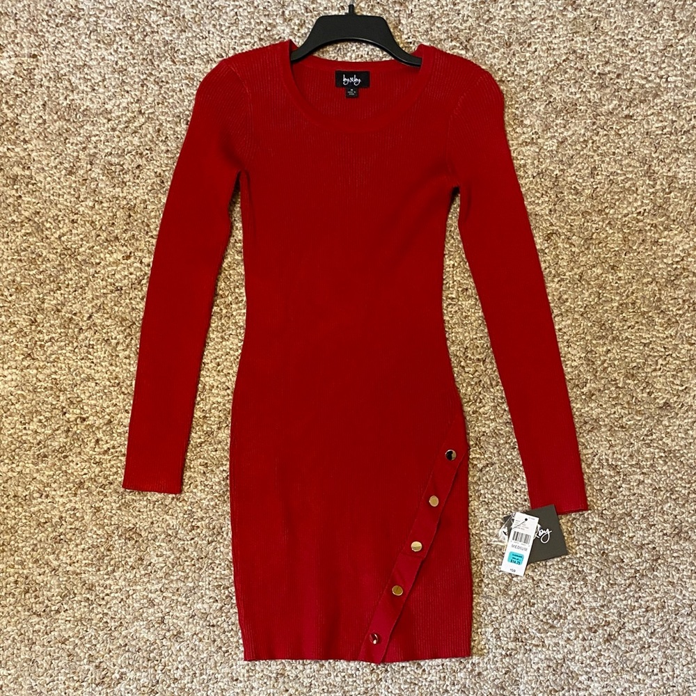 NWT by & by Red Long-Sleeve Ribbed Button-Side Bodycon Dress
